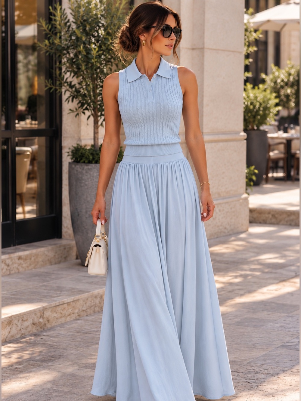 🦋COMMENSE Cable-Knit Polo Top & Maxi Skirt Set – Light Blue